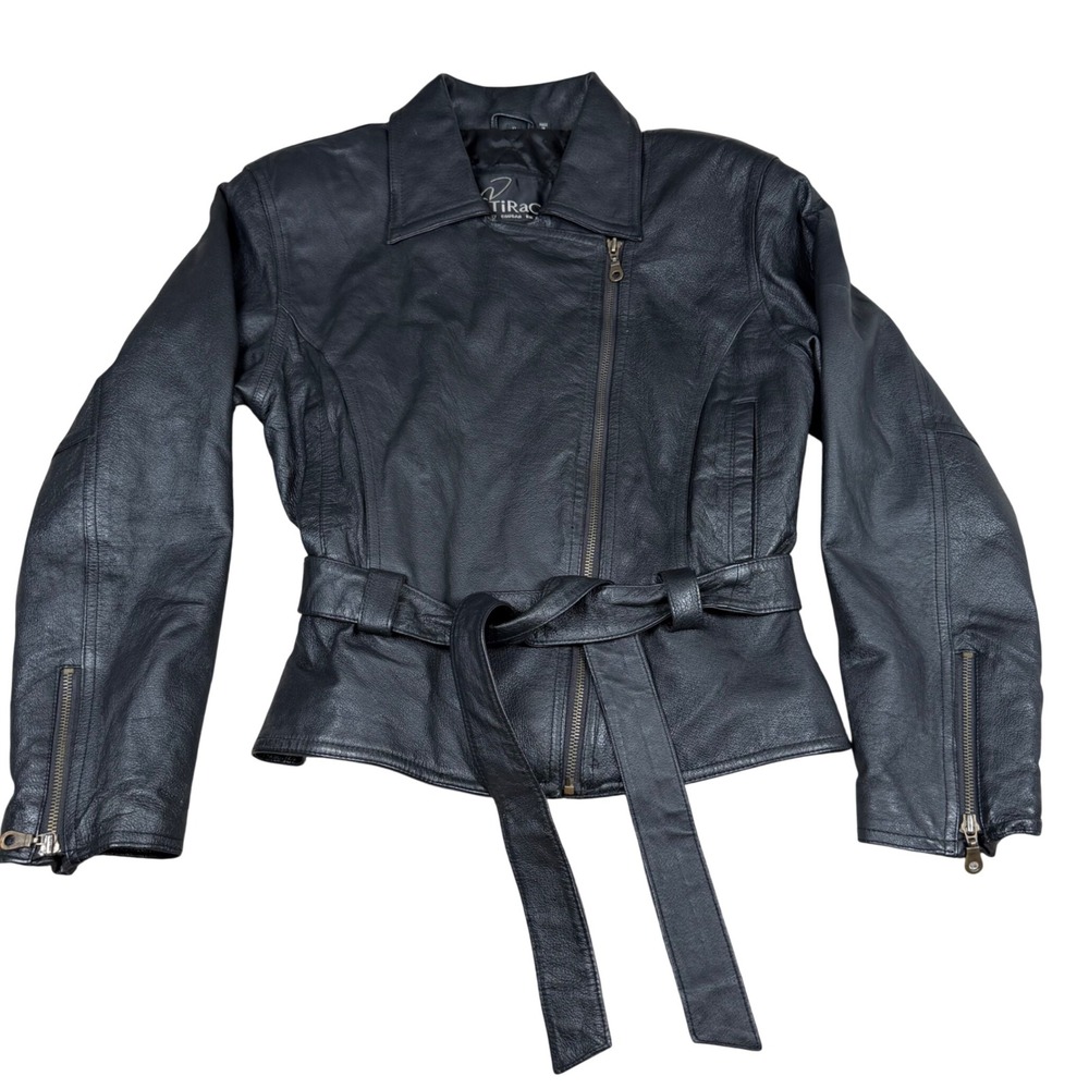 TiRaGE by Cougar Womens Black Genuine Leather Moto Biker Jacket Belted Small